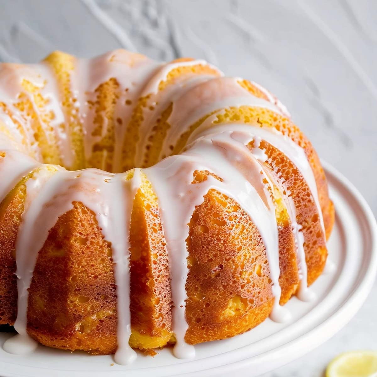 Freshly baked lemon bundt cake with lemon glaze on a serving plate