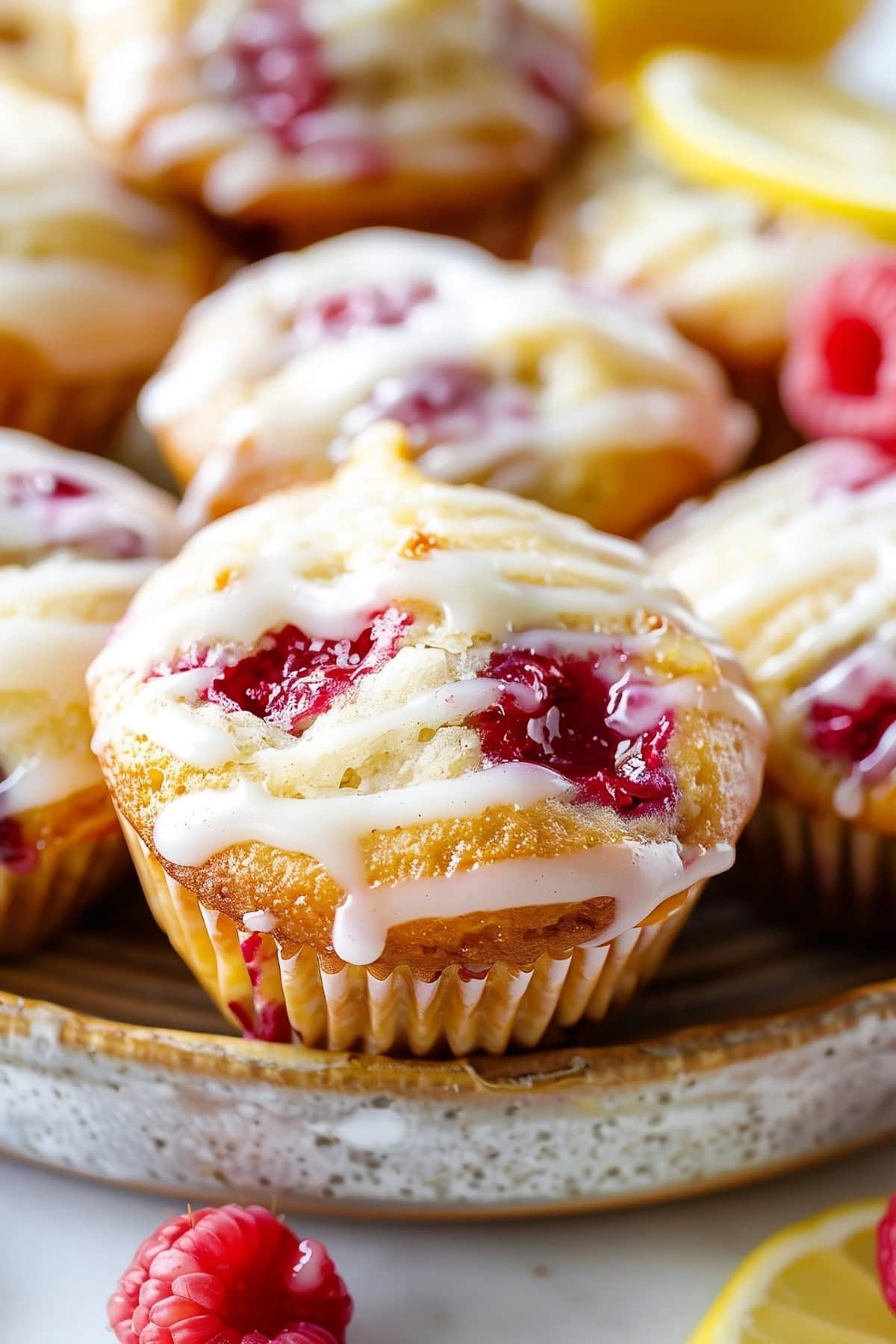 Lemon Raspberry Muffins with Glaze, Close-Up