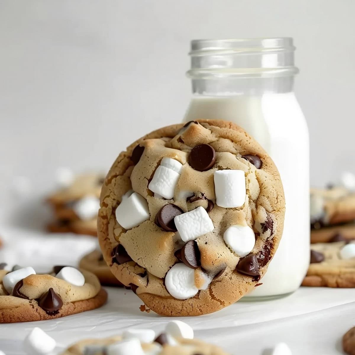 Marshmallow Chocolate Chip Cookies with Milk on a White Parchment Paper.