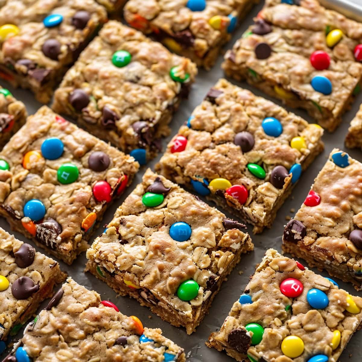 Monster Cookie Bars Cut into Squares