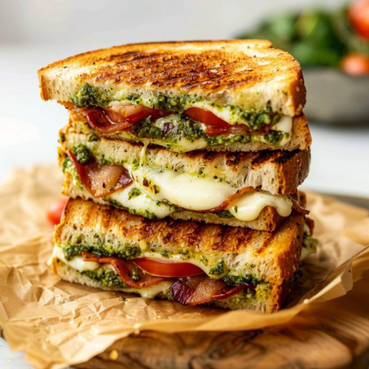 Pesto Grilled Cheese Sandwiches cut in half and stacked on a chopping board with parchment paper