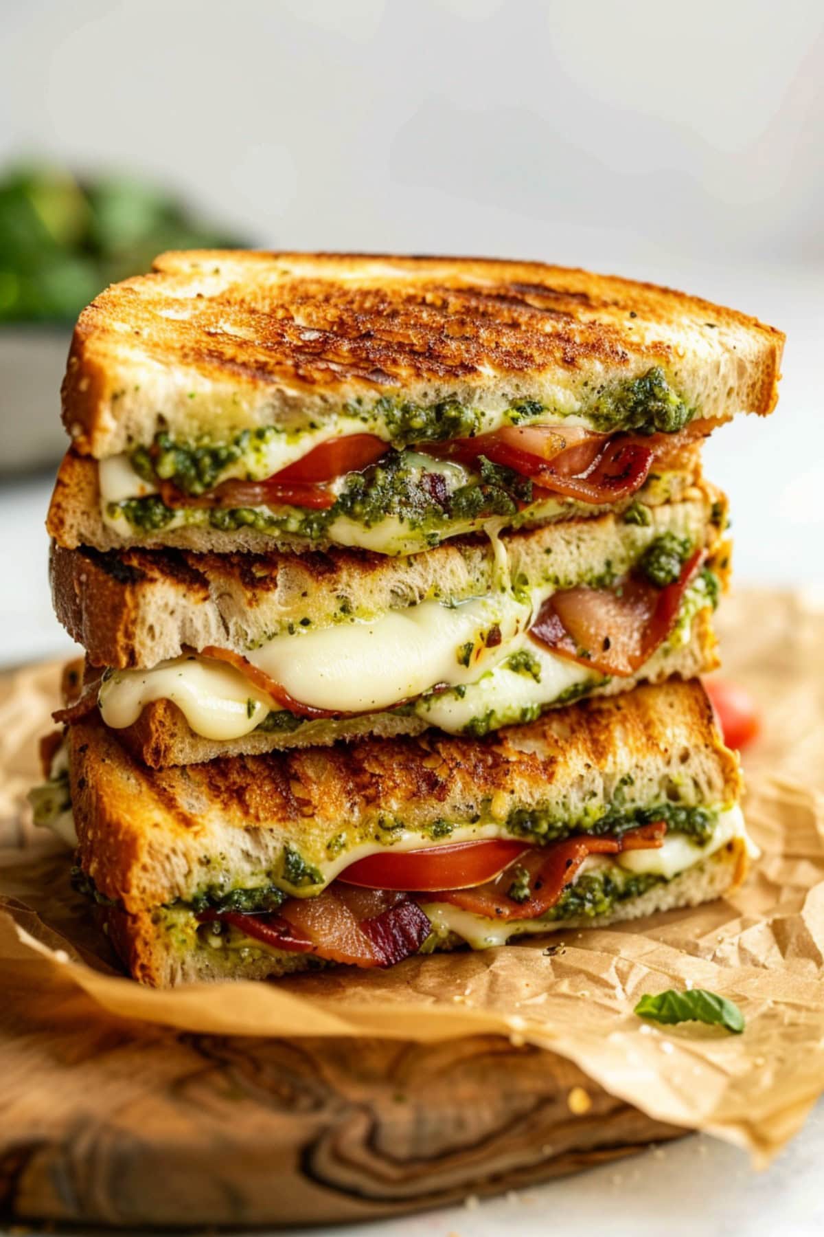 Stack of Pesto Grilled Cheese Sandwich cut in half with melty cheese, tomatoes, and bacon