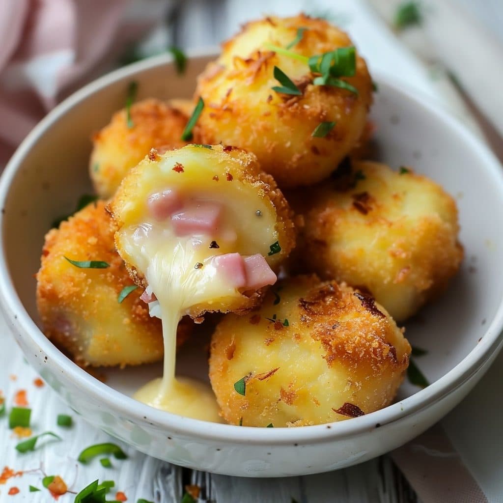 Potato Croquettes in a white bowl, one piece cut in half dripping with melted chocolate.