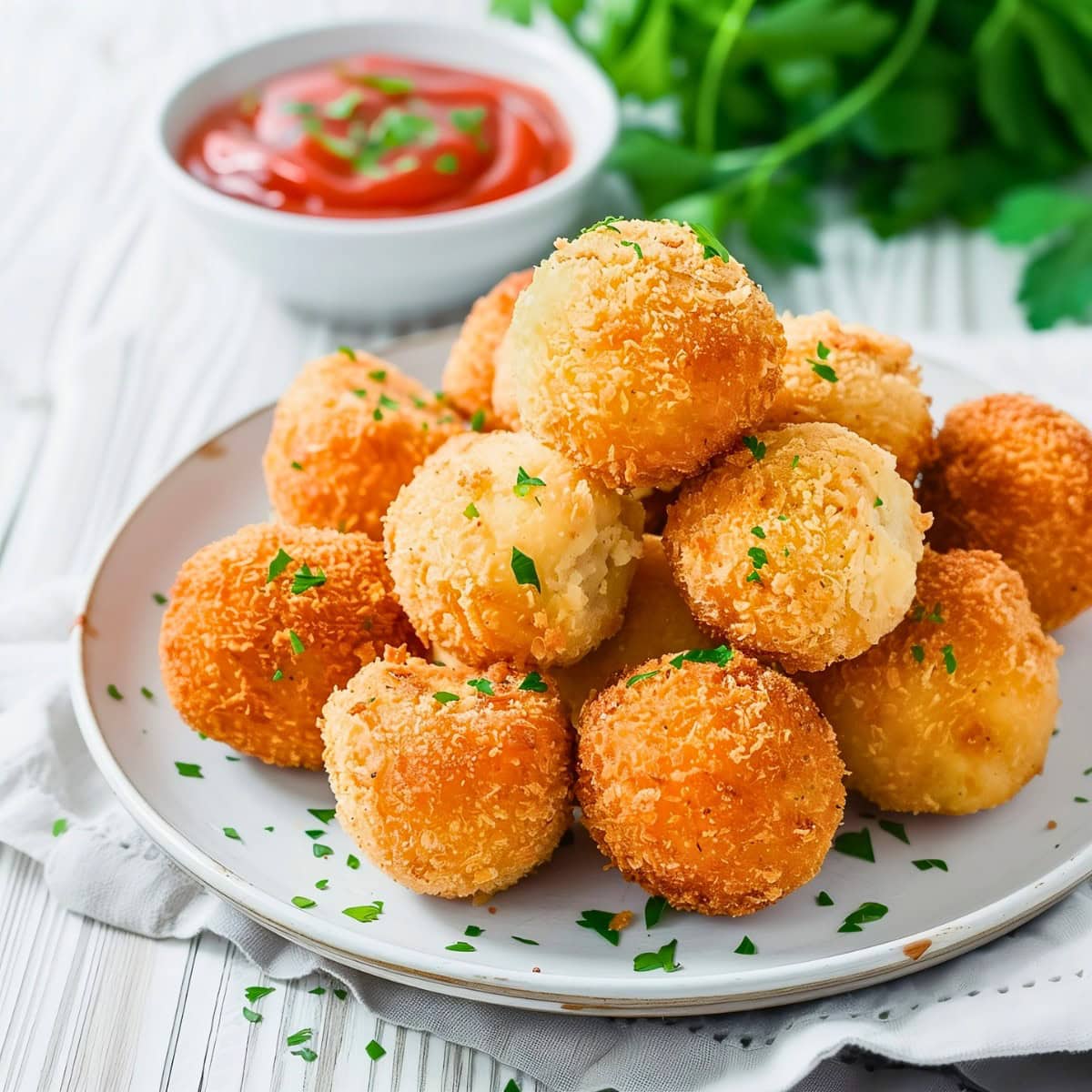 Breaded potato croquettes served on a white plate.