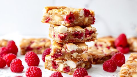 Classic raspberry and white chocolate blondies, with a soft, chewy texture and bursts of flavor.