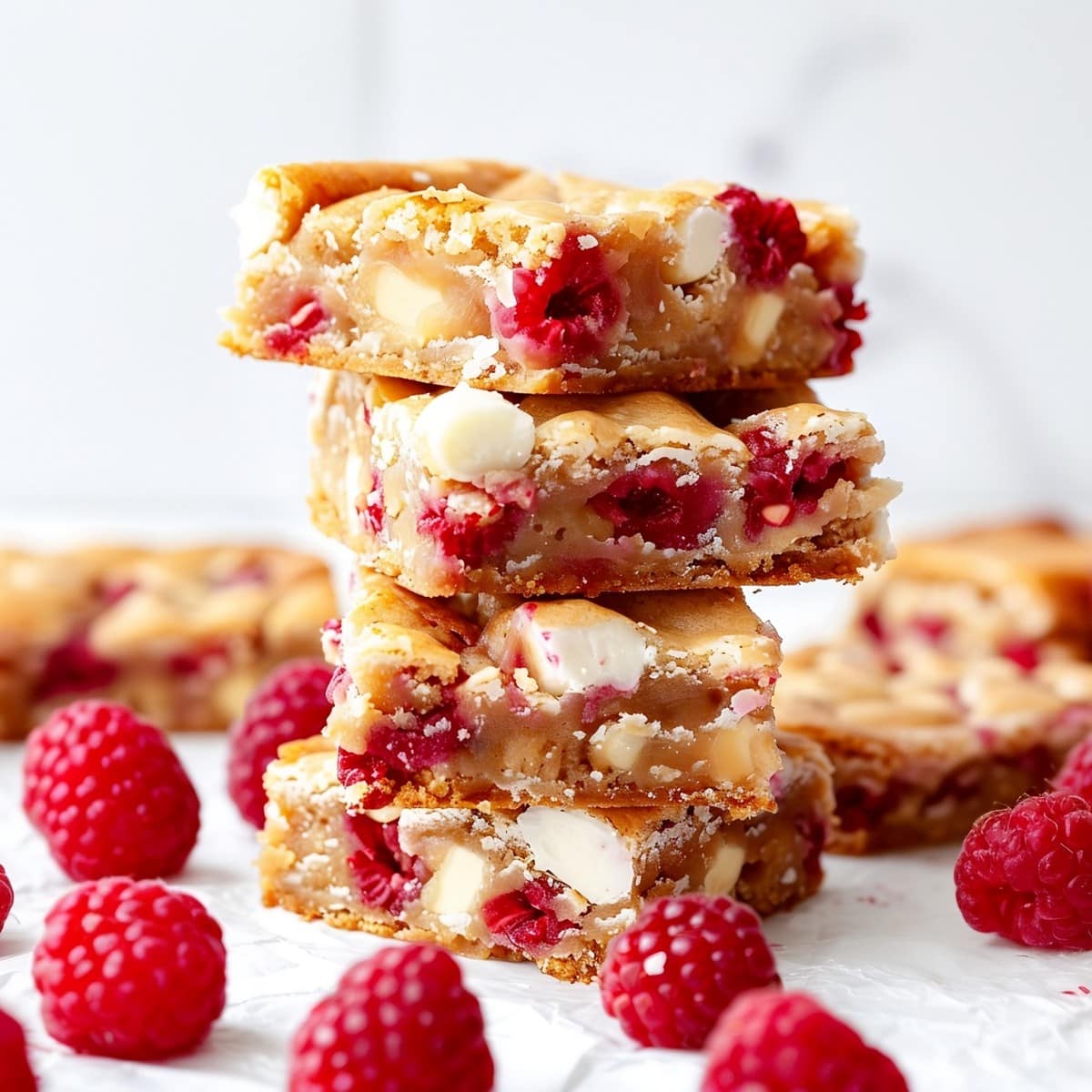 Stacked Raspberry and White Chocolate Blondies on a Parchment Paper surrounded by fresh raspberries