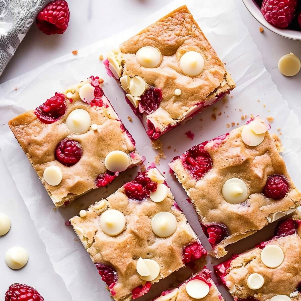 Homemade Raspberry and White Chocolate Blondies sliced on a sheet of parchment paper, top down view