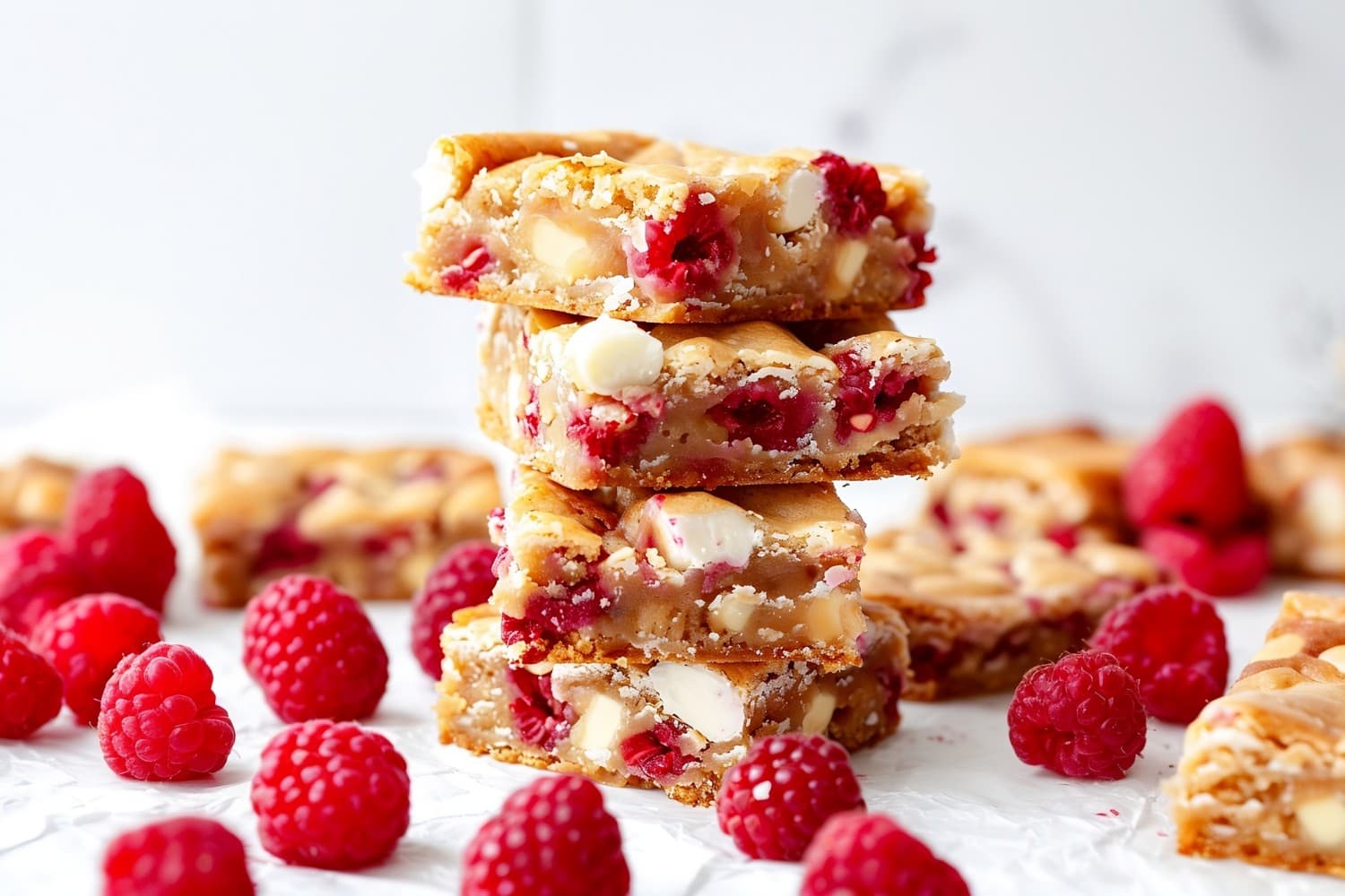 Classic raspberry and white chocolate blondies, with a soft, chewy texture and bursts of flavor.