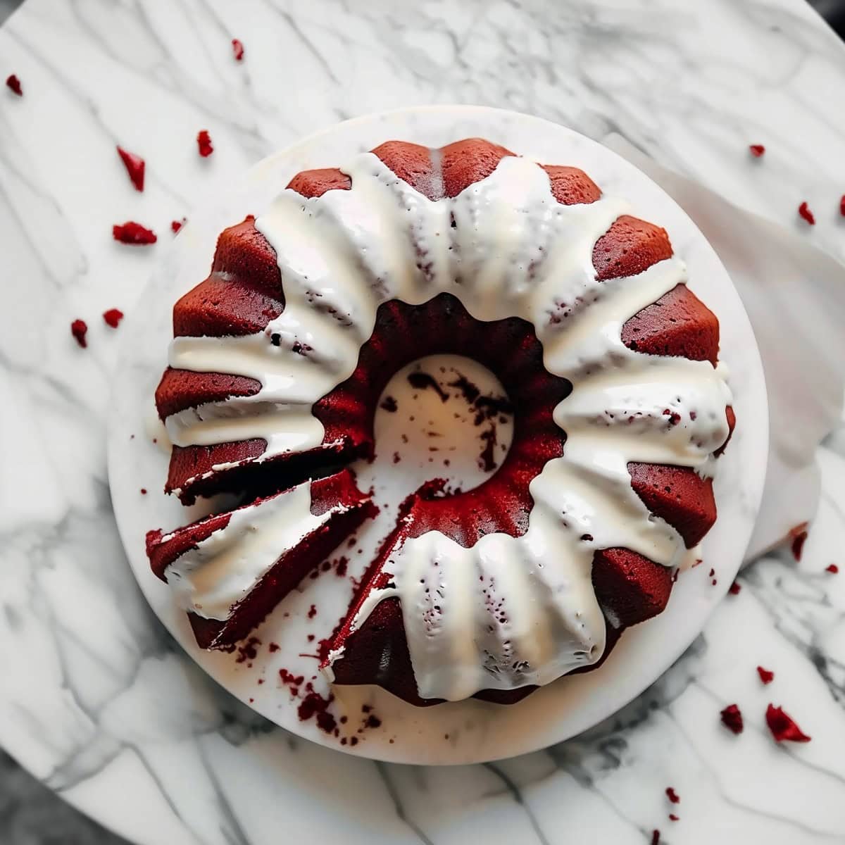 Red velvet bundt cake with cream cheese glaze, top down view