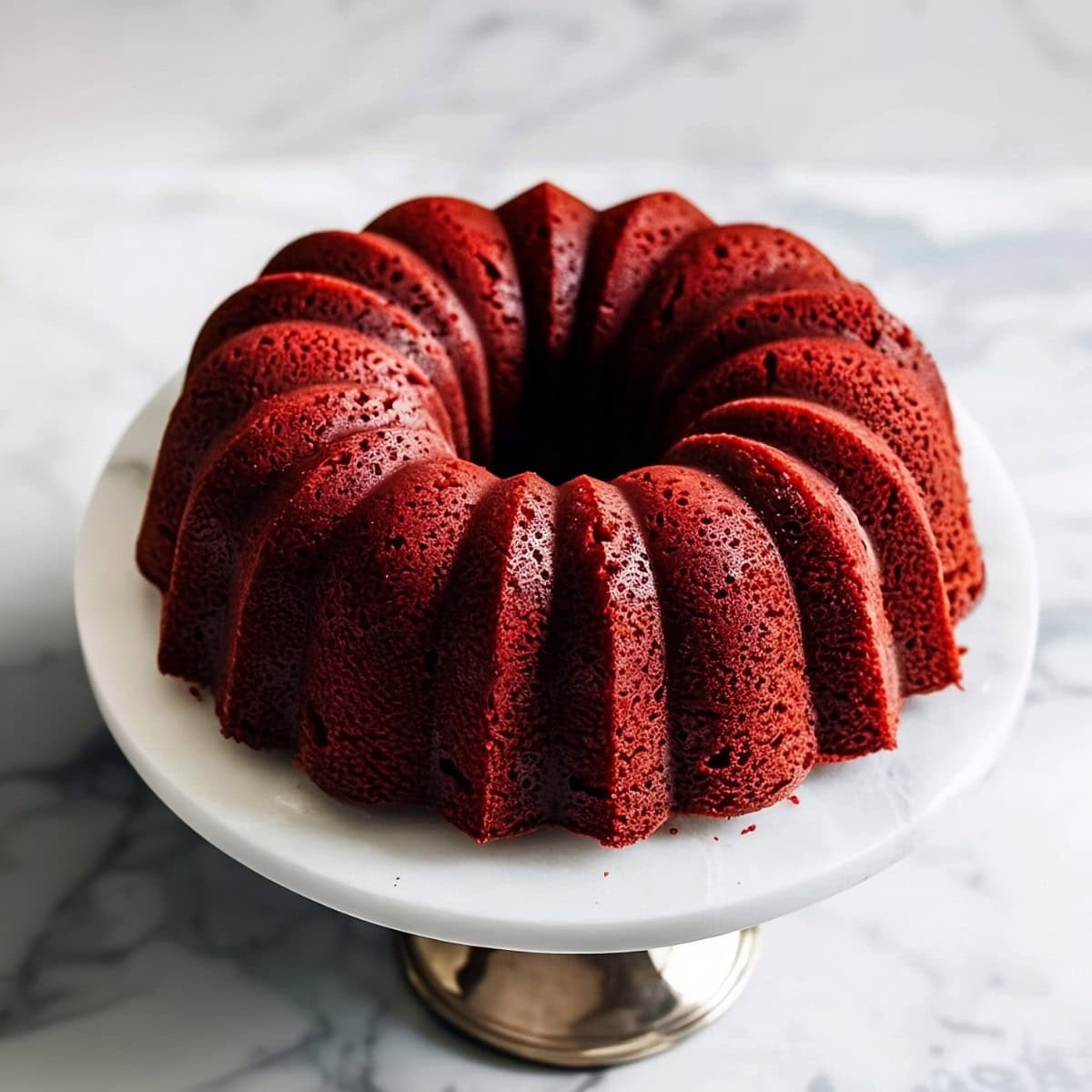 Red velvet bundt cake without glaze on a kitchen stand.