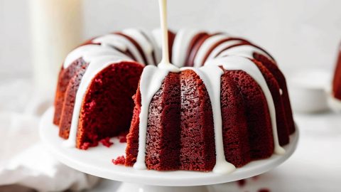 Red Velvet Bundt Cake with Glaze in a Kitchen Stand