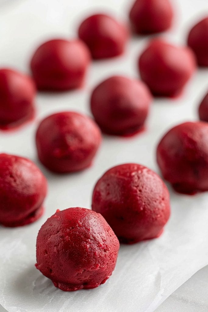 Red Velvet Truffles without any coating on a baking sheet