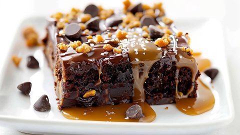 A piece of salted caramel sheet cake with chocolate chips and sea salt toppings