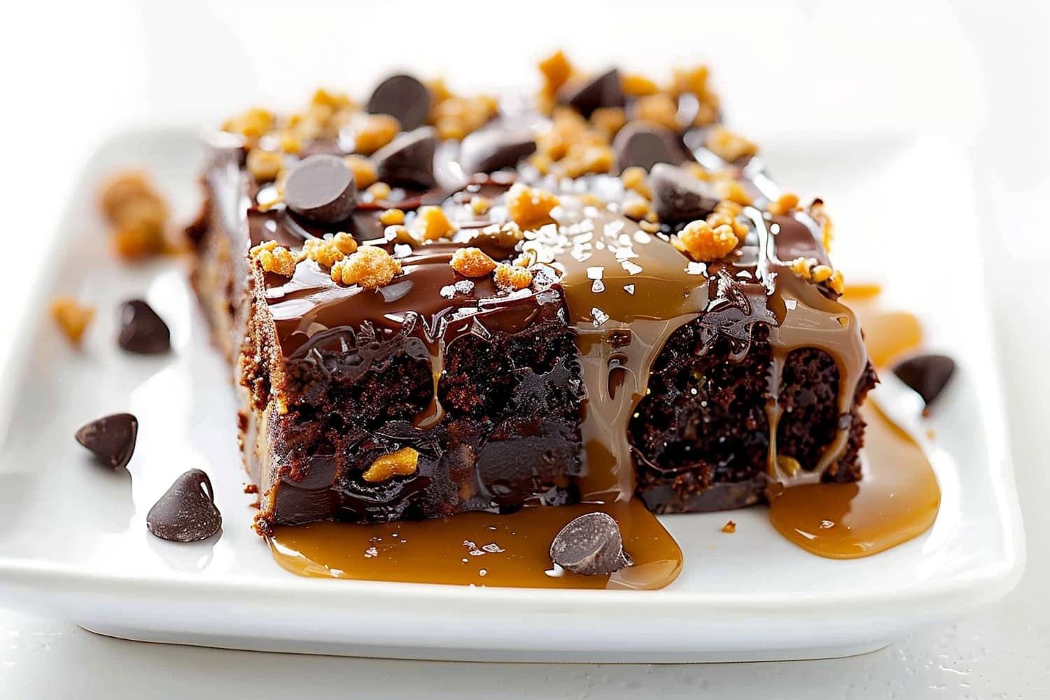 A piece of salted caramel sheet cake with chocolate chips and sea salt toppings