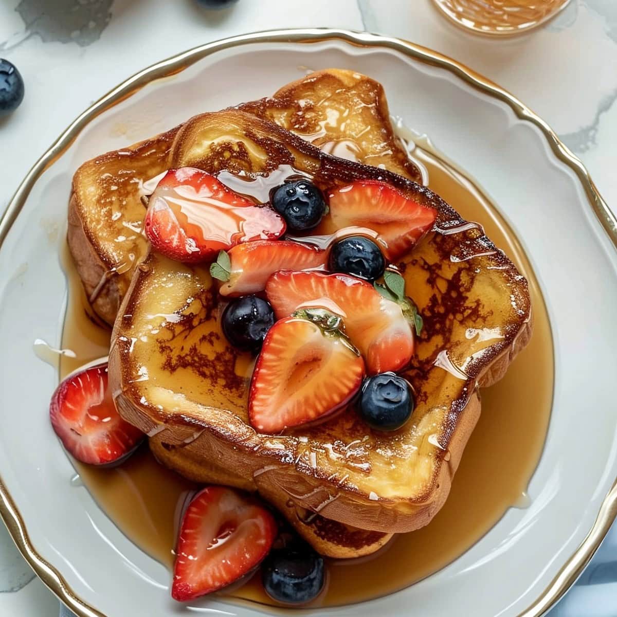 Sheet Pan French Toast with Blueberries and Strawberries in an Elegant Plate, Top View