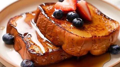 Delicious sheet pan French toast in a plate, featuring a crispy edge and a fluffy interior.