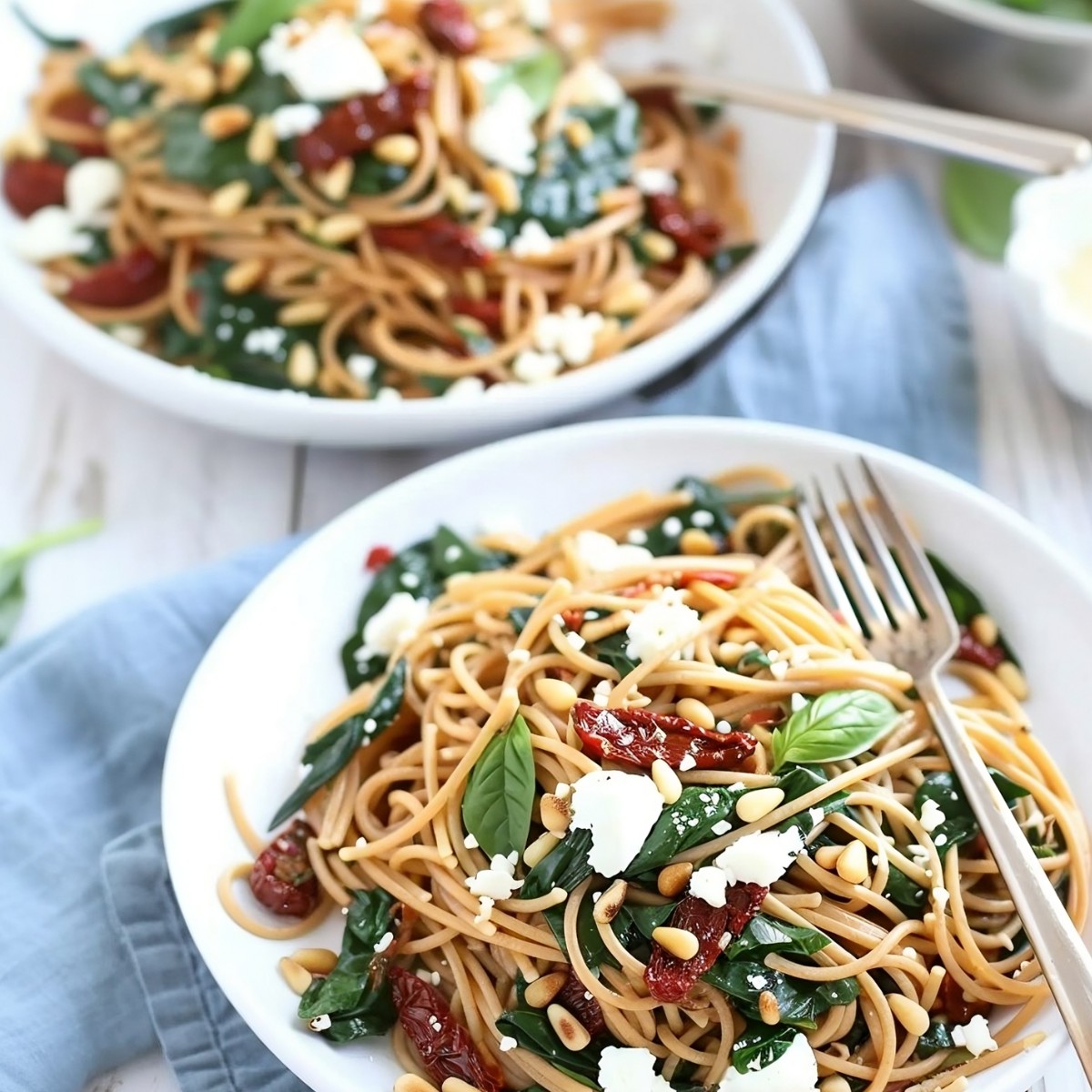 Two Plates of Spaghetti with Sun Dried Tomatoes and Spinach 