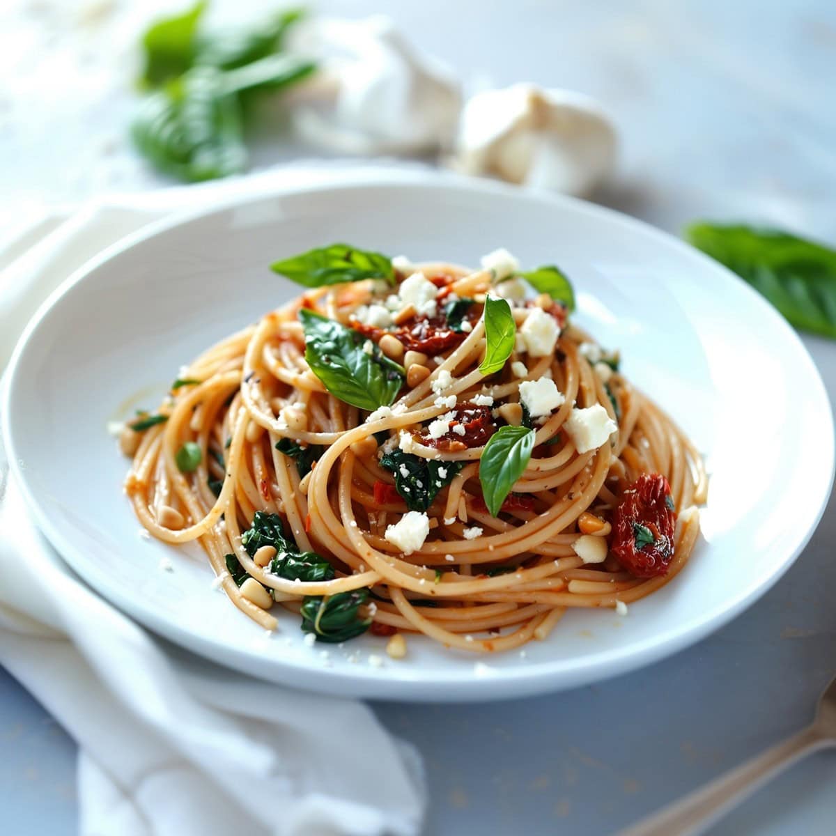 Spaghetti with Sun Dried Tomatoes, Spinach, Nuts and Crumbled Feta Cheese.