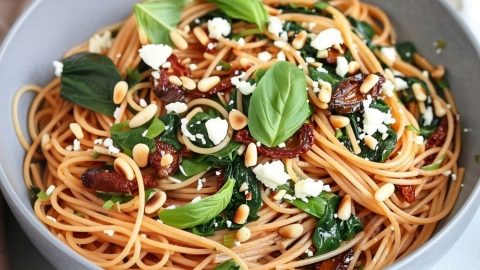 Spaghetti with Sun Dried Tomatoes and Spinach