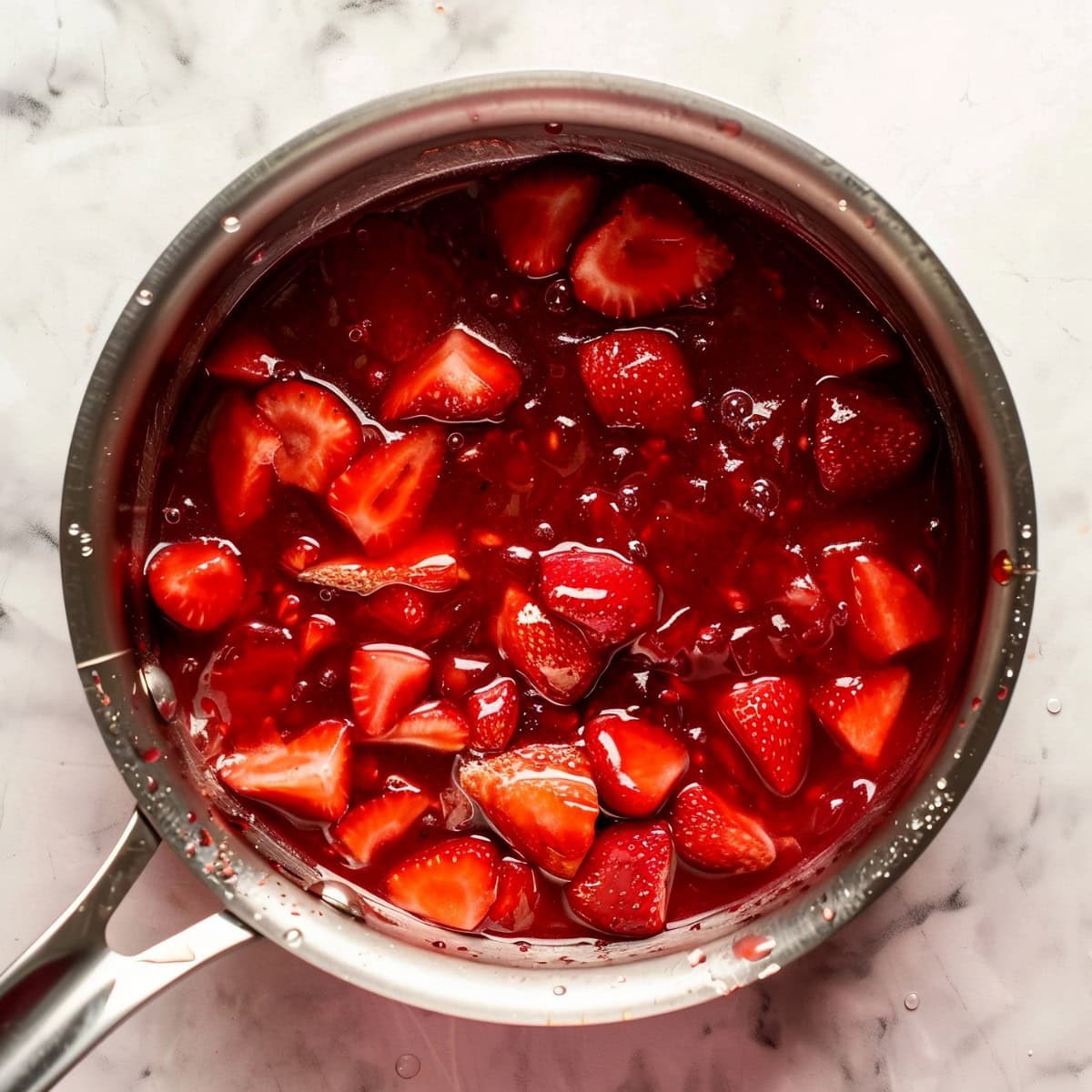 Homemade strawberry jam in a saucepan, top down view