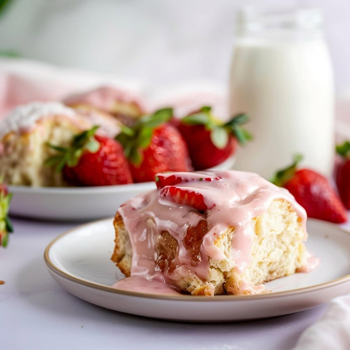 Strawberry cinnamon roll on a plate, served with milk