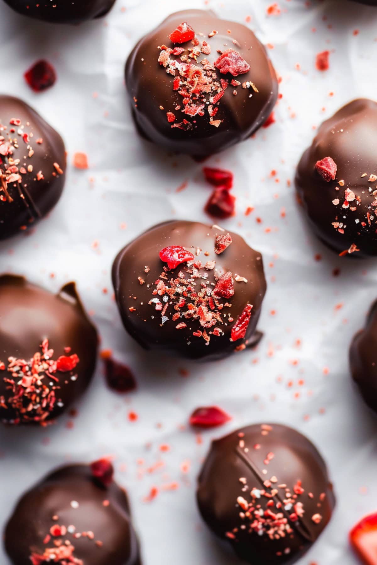 Chocolate coated strawberry truffles arranged in parchment paper.