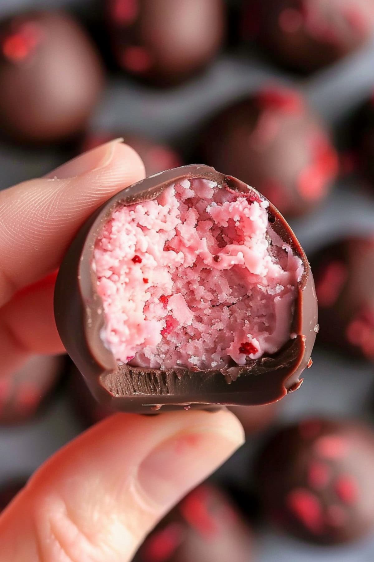 Hand holding a piece of bitten Strawberry Truffles.