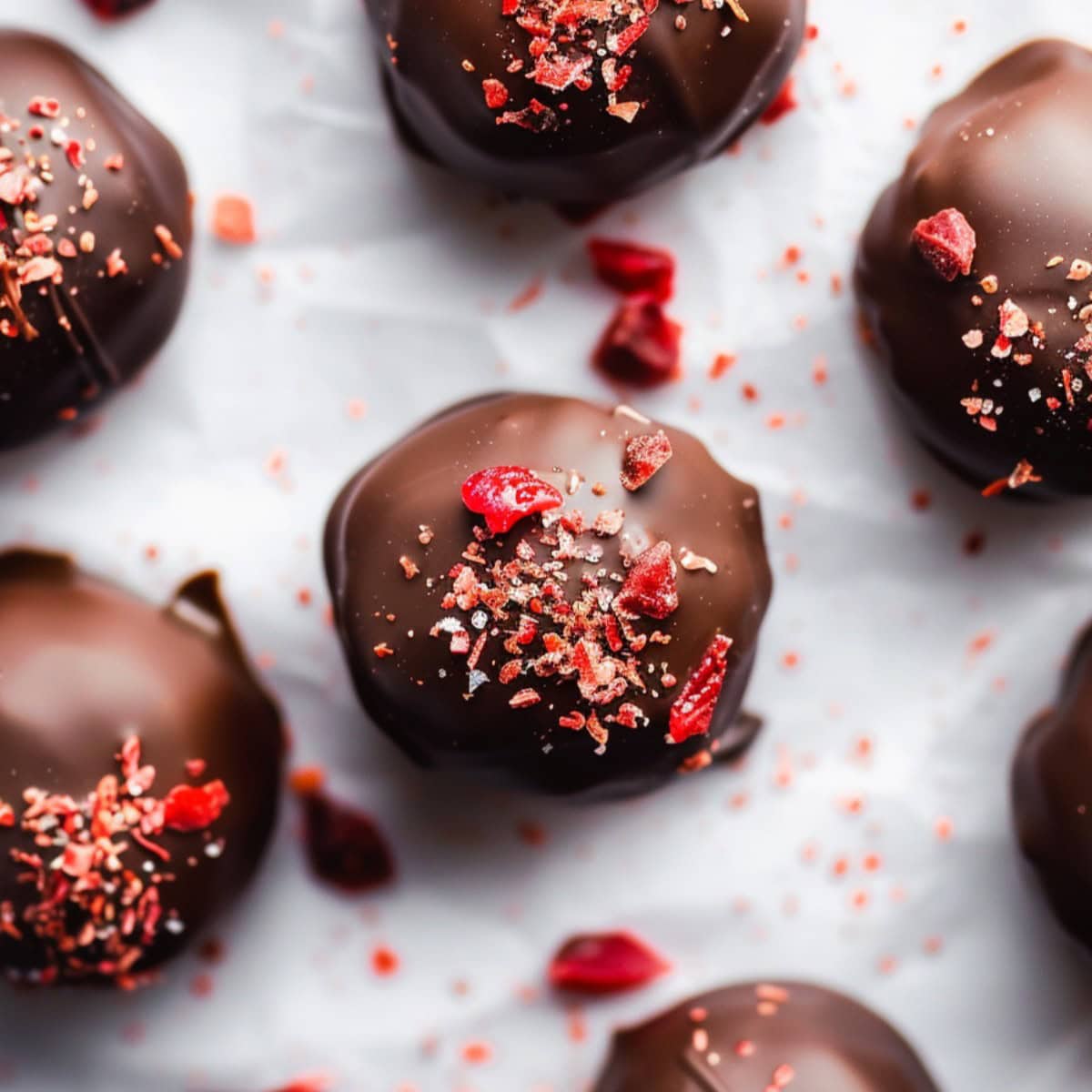 Strawberry Truffles arranged on a parchment paper, top view.