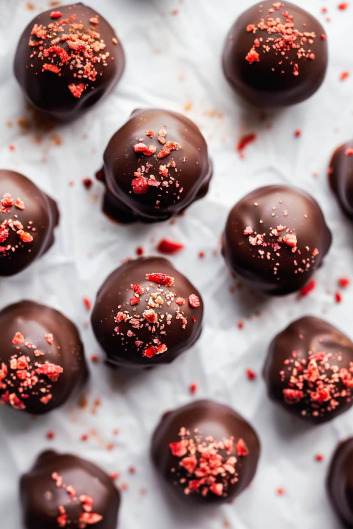 Chocolate coated Strawberry Truffles lying on parchment paper.