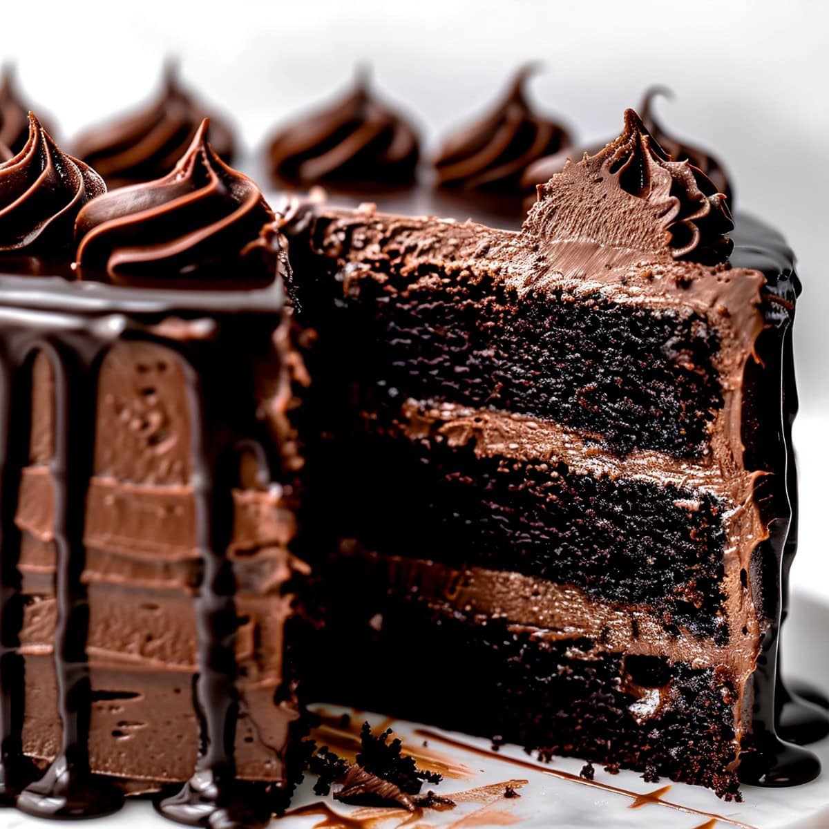 Triple chocolate cake slice being removed from the cake, close-up showing its texture