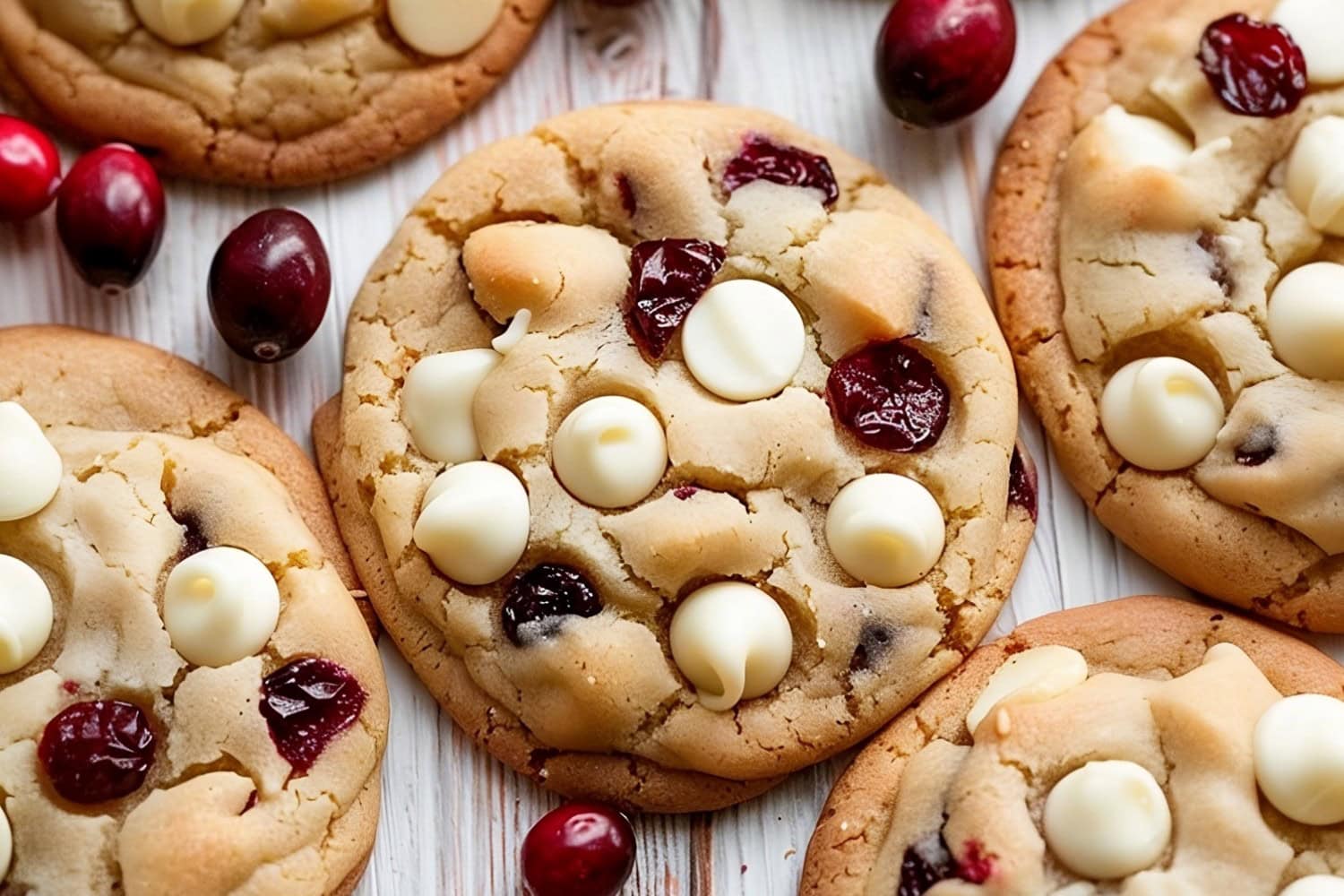 White Chocolate Cranberry Cookies on a wooden surface.