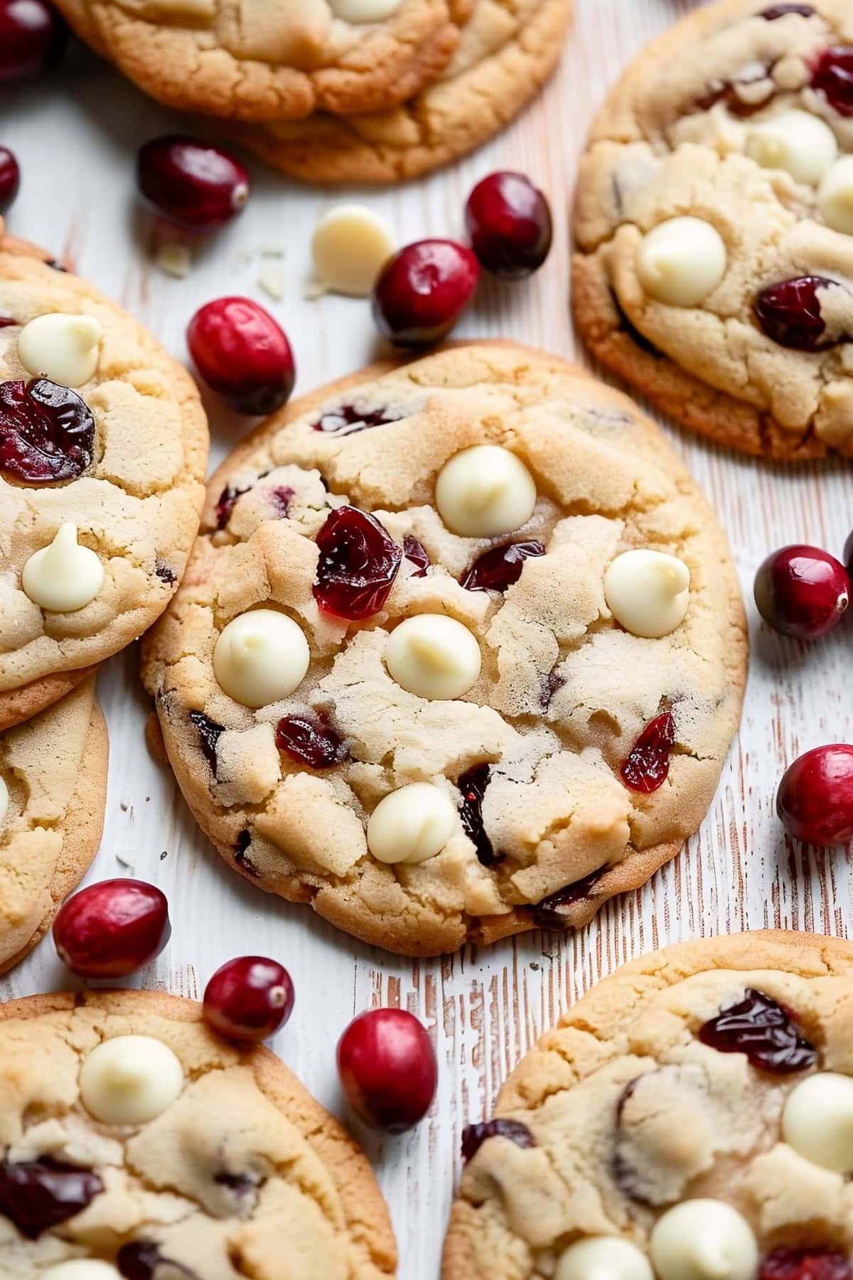 White chocolate cranberry cookies flat lay on a wooden surface.