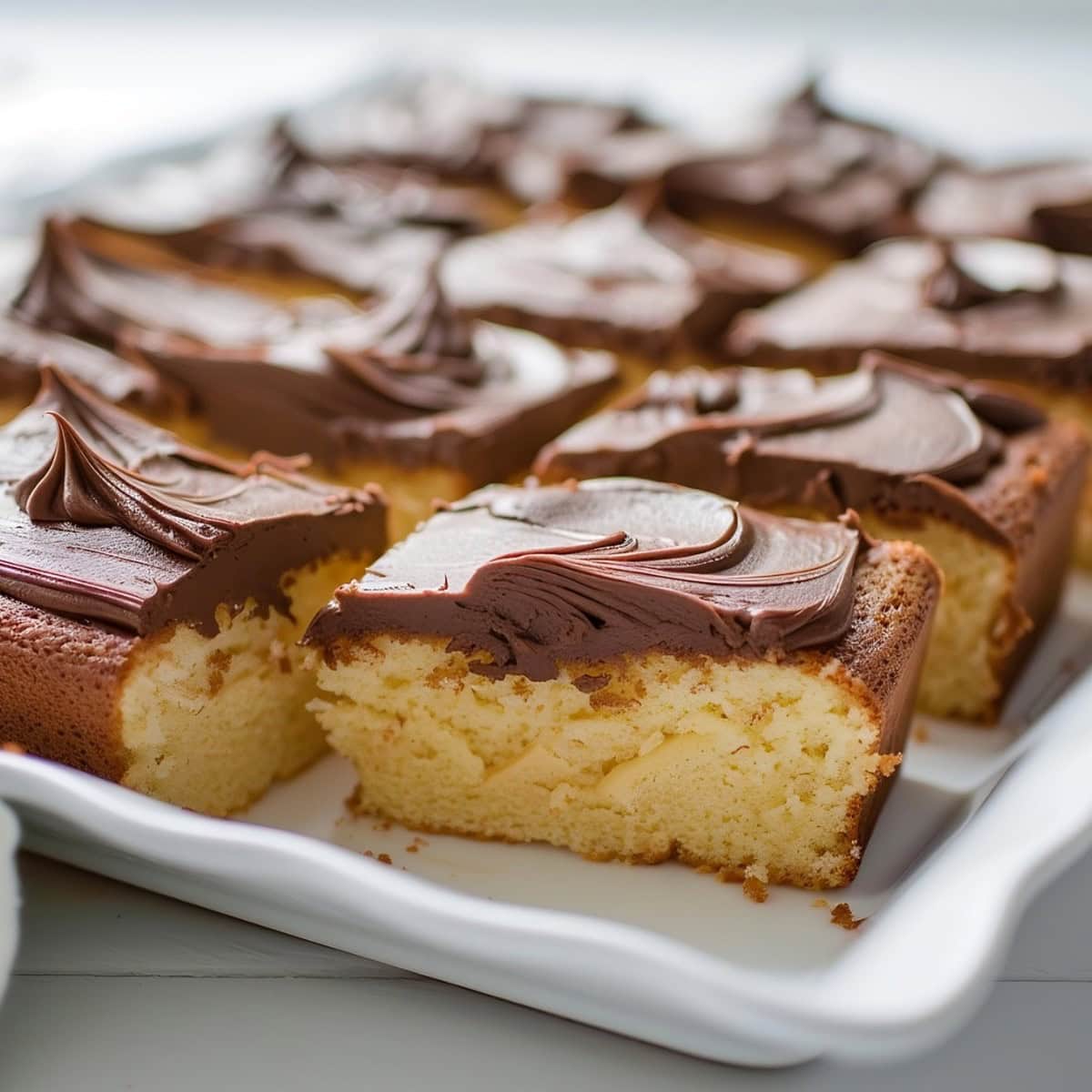 Yellow Sheet Cake with Chocolate Frosting in an Elegant White Dish