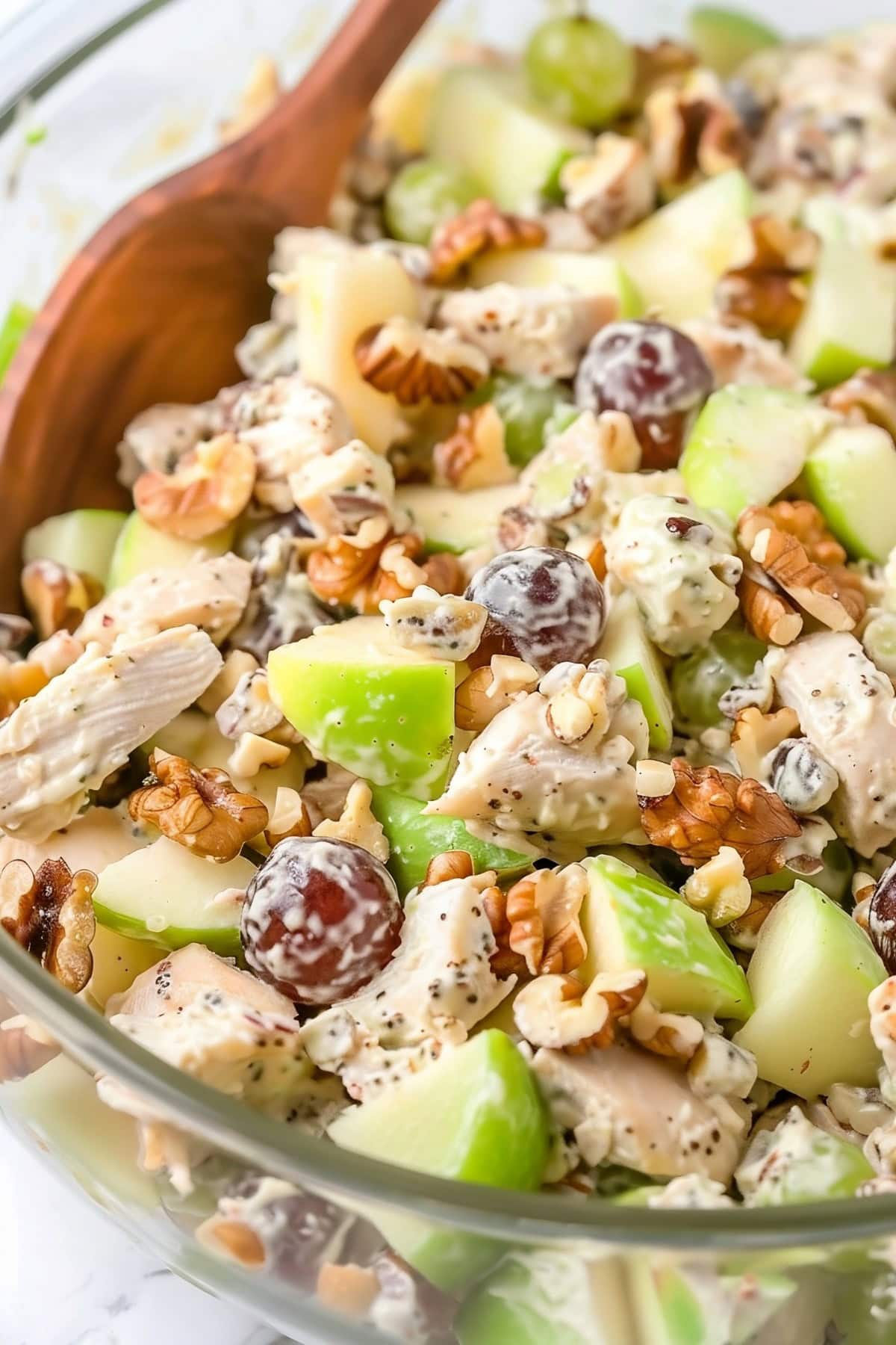 Creamy salad with sliced apples, walnuts and, grapes and chicken