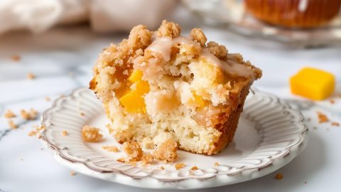 Moist and flavorful peach streusel muffins, a part is sliced open to reveal its filling.