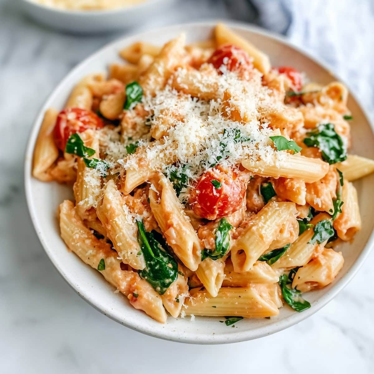 Boursin cheese pasta with a smooth, cheesy sauce, garnished with basil leaves.