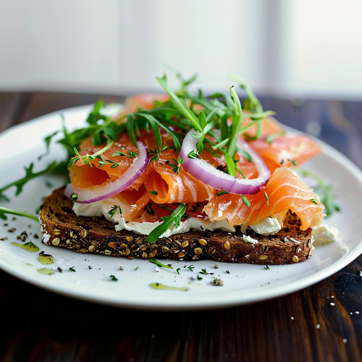 A plate of smoked salmon sandwich with red onions, arugula and cream cheese.