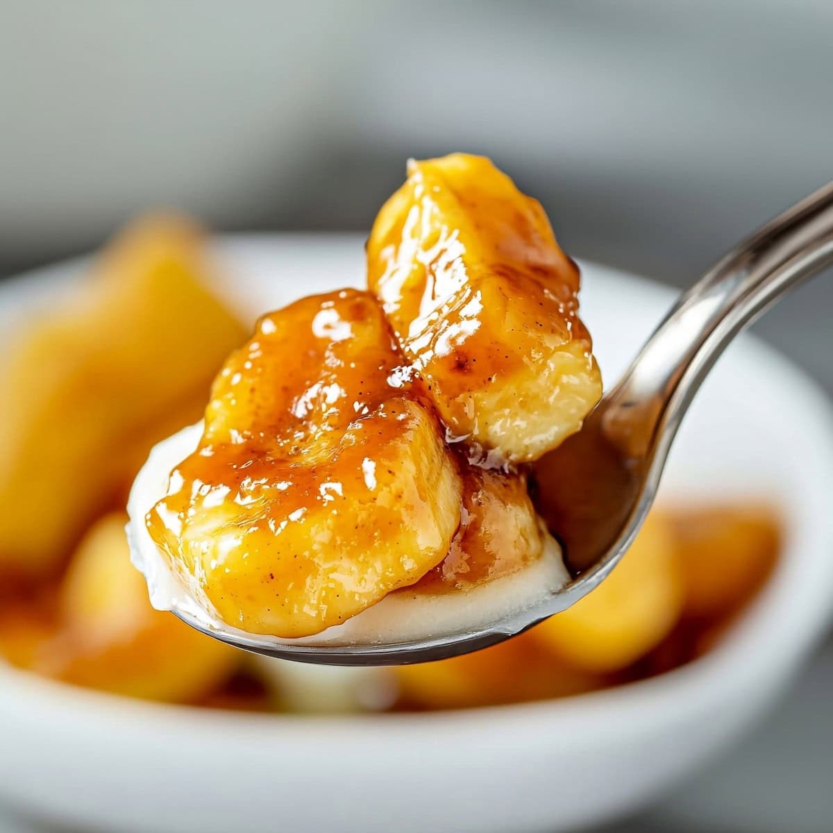 Sweet caramelized bananas on a spoon, close up.