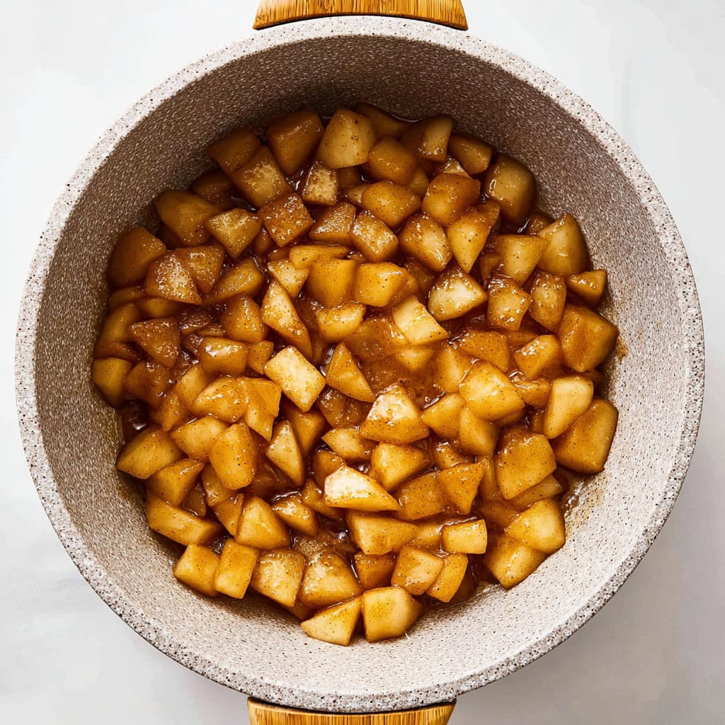 Apple pie filling in a skillet, overhead view
