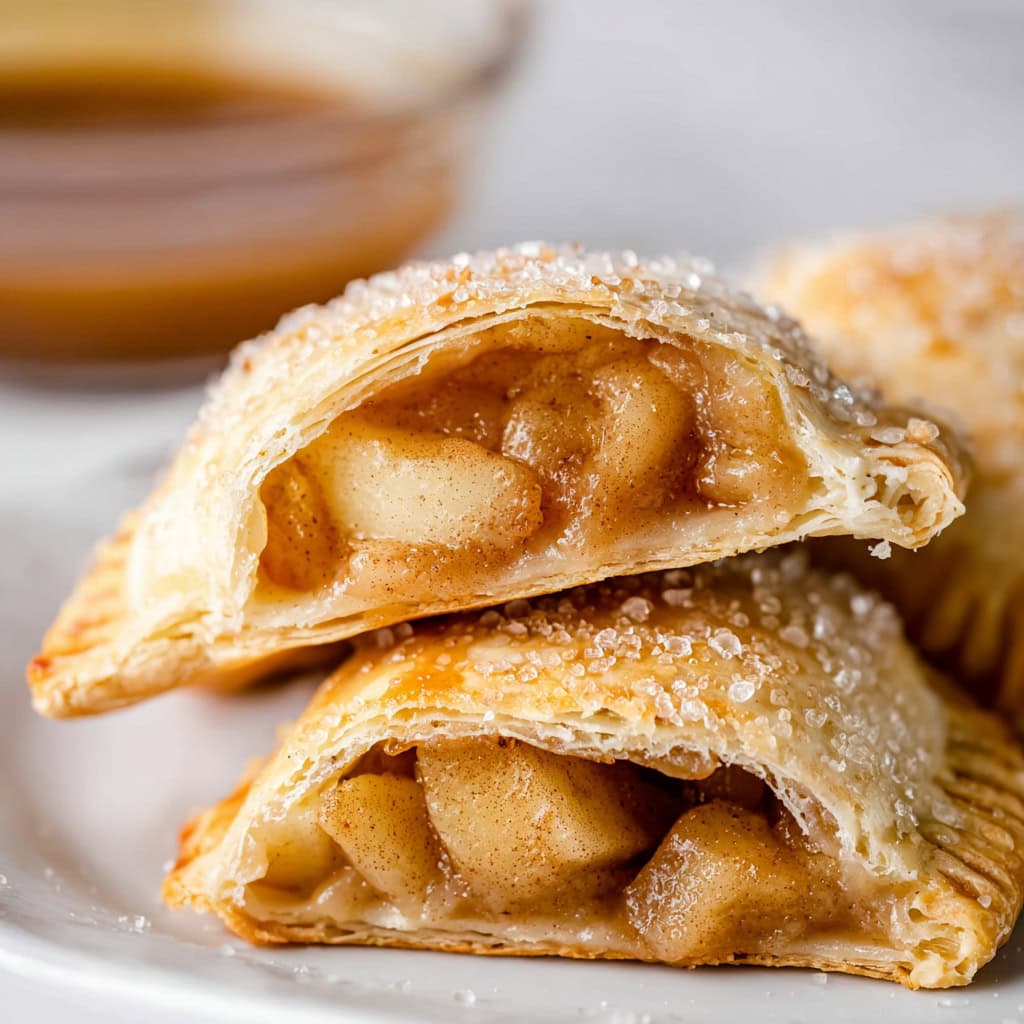 Close-up of apple hand pies cut open to show its filling.