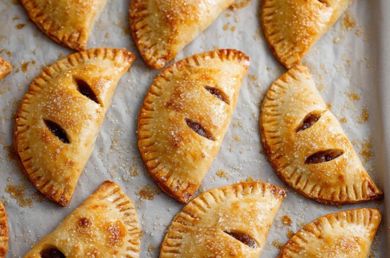 An overhead view of apple hand pies with coarse sugar