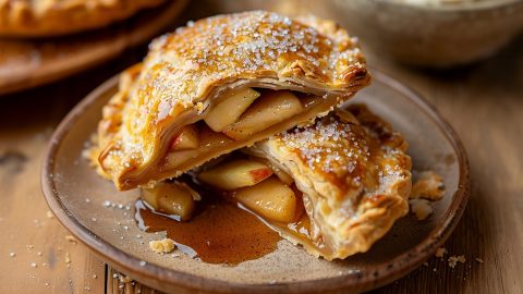 A plate of apple hand pies sprinkled with sugar.