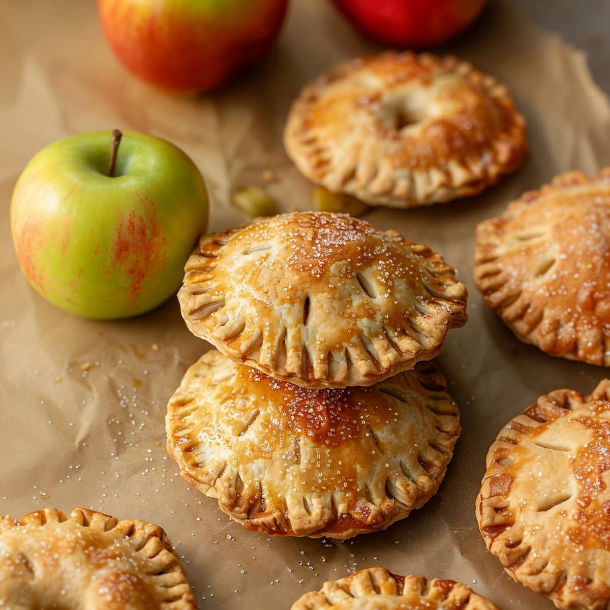 Freshly baked apple hand pies with a light dusting of sugar.