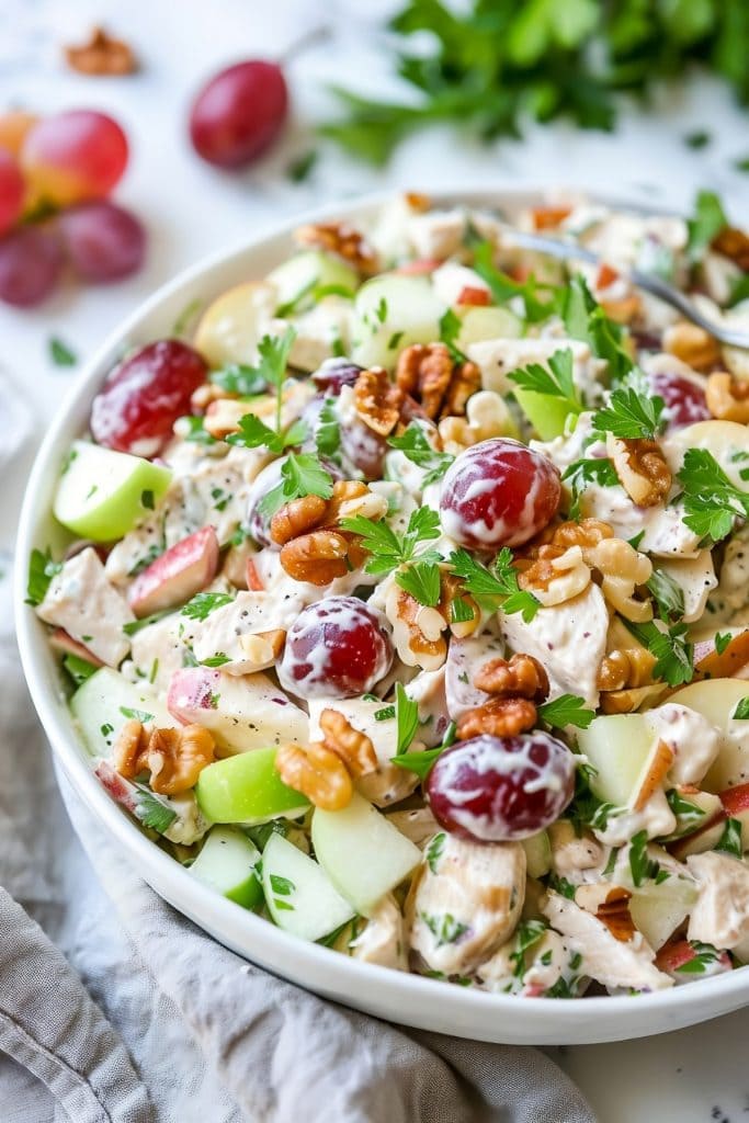 Healthy and refreshing salad with sliced apples, chicken and toasted walnuts.