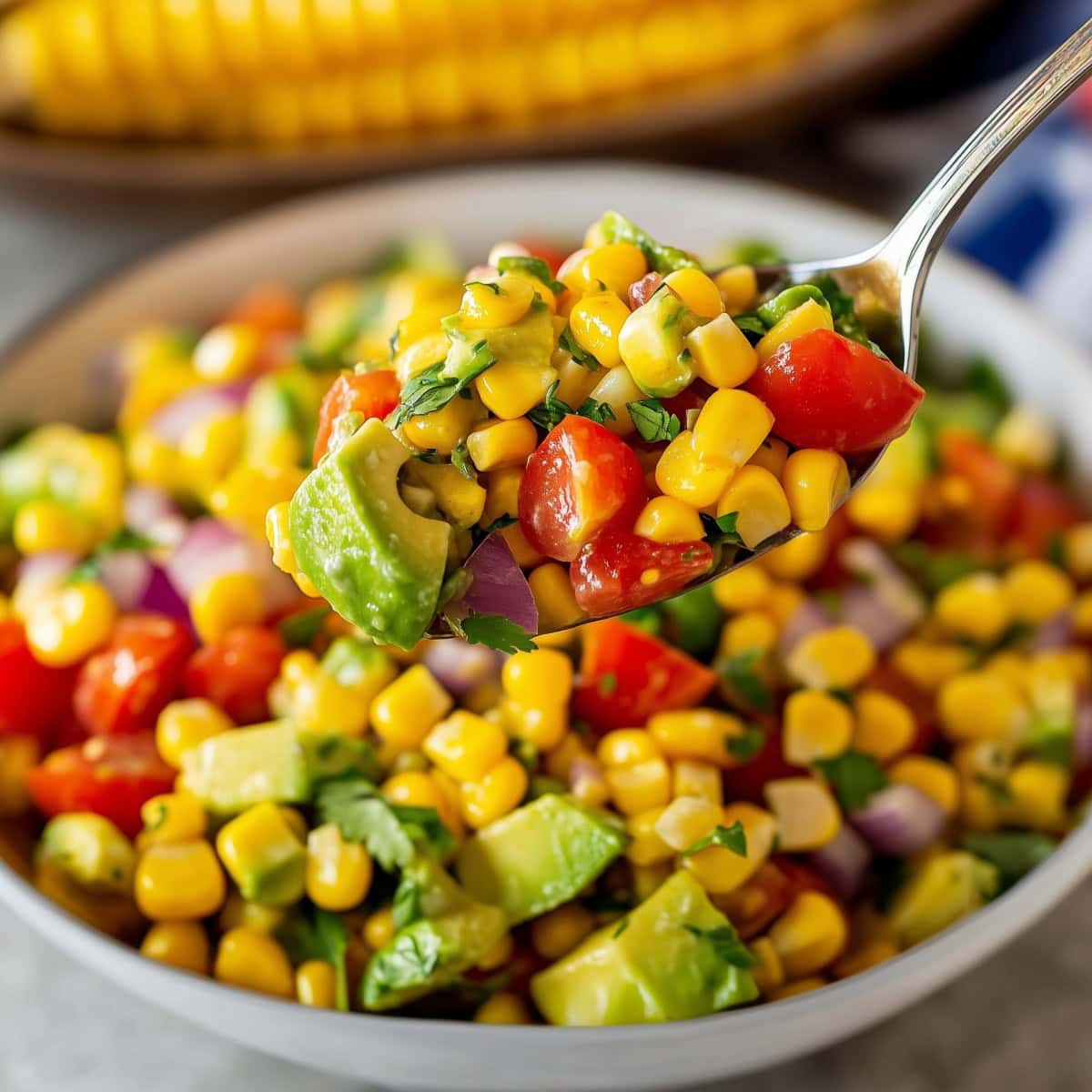 A spoonful of creamy avocado corn salad with tomatoes and onions.