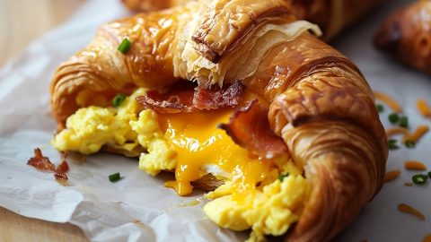 Hearty bacon, egg, and cheese croissant for a satisfying breakfast.