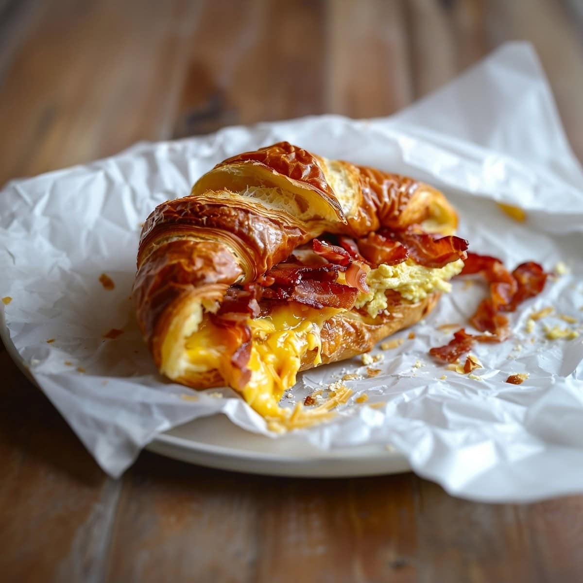 Flaky croissant sandwich with crispy bacon, fluffy scrambled eggs, and melted cheese on a plate