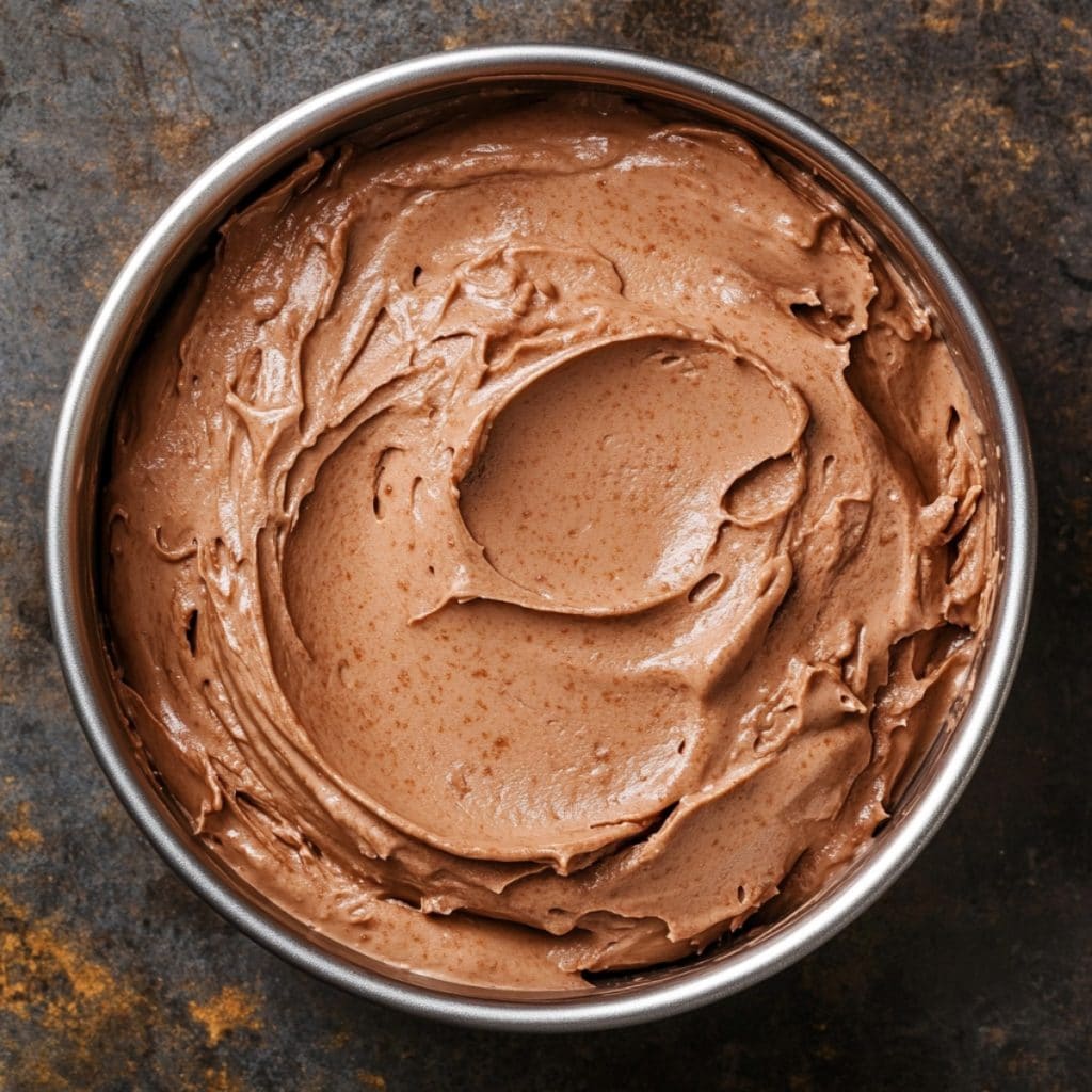 Chocolate mousse in a metallic glass, top view