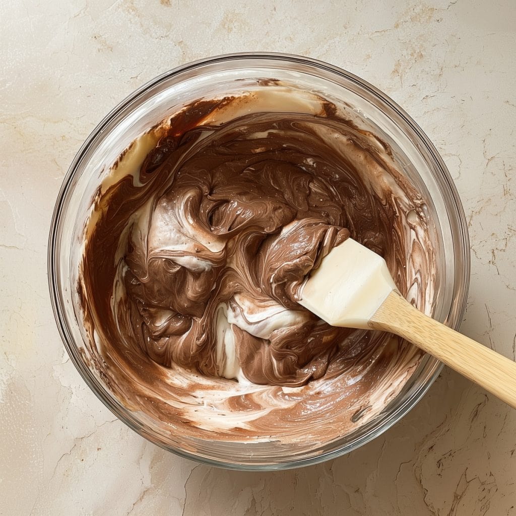 Mixing chocolate, whipped cream and eggs in a glass bowl using a spatula.