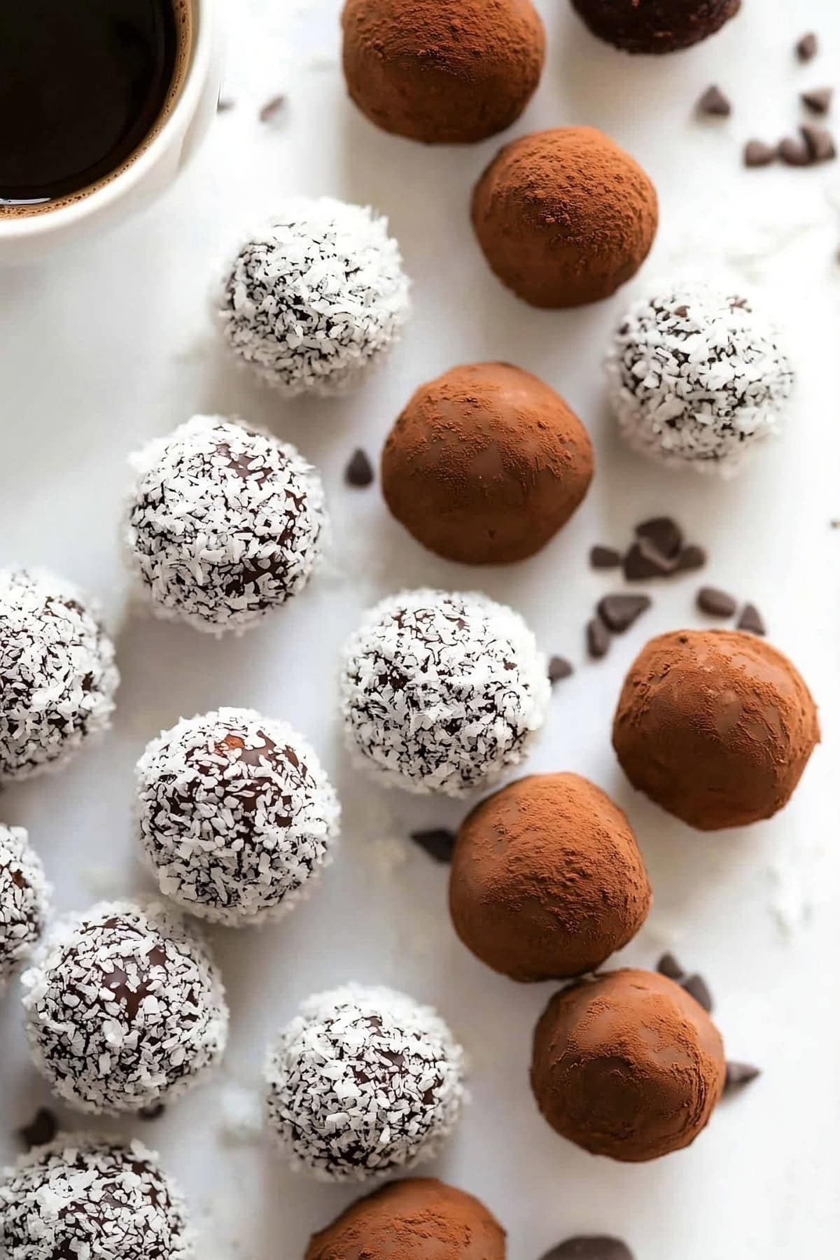 Baileys Irish cream chocolate truffles on a table with coconut and cocoa powder coatings, top view